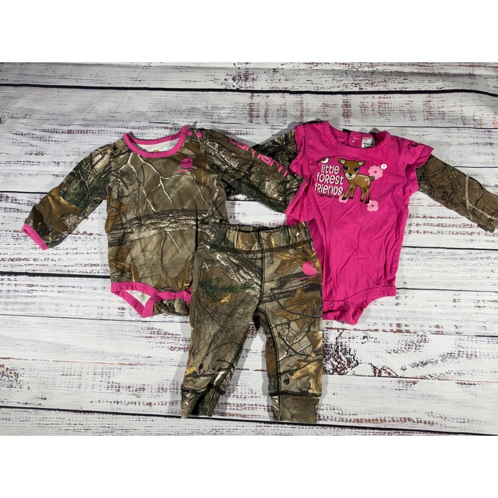 Carhartt Baby Girls 3 Piece Camo Pink Bodysuit Leggings Set 6 Months
